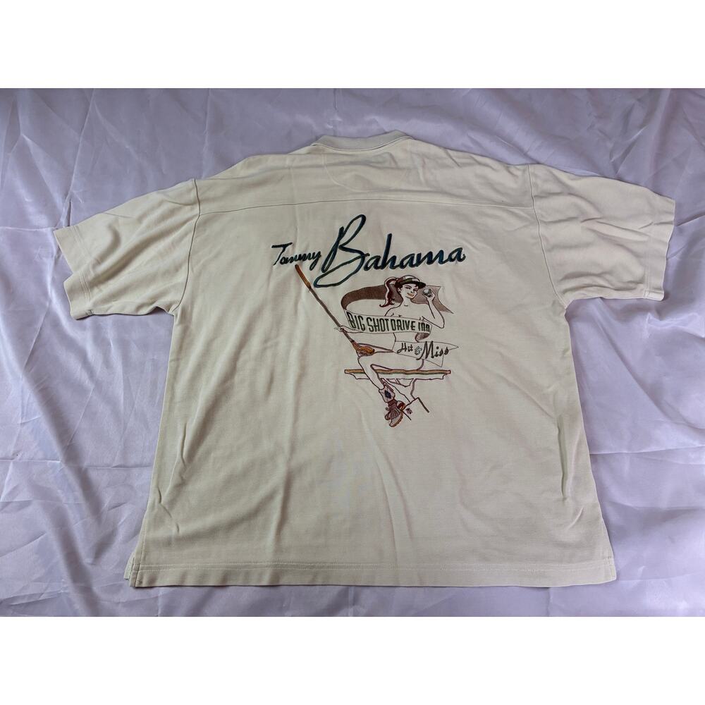 Tommy Bahama Mens L Big Shot Drive Inn Golf Polo Silk Cotton Blend Cream
